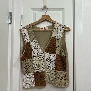 No Boundaries Crochet Front Vest in Brown Tan and White